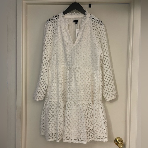 J. Crew White Eyelet Tiered Long sleeve Dress- Size Medium - Picture 3 of 10